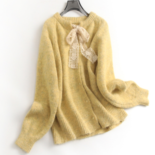 毛衣J036 减龄女装 蕾丝蝴蝶结系带温柔慵懒风软糯宽松长袖 针织开衫