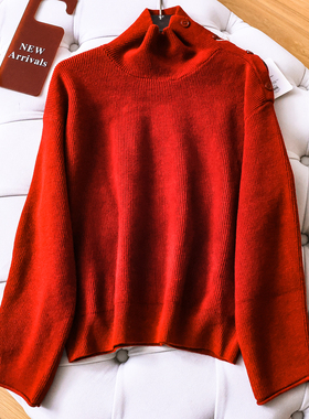 新年氛围感红色多纽扣高领套头毛衣慵懒松弛感长袖女装针织衫Q797
