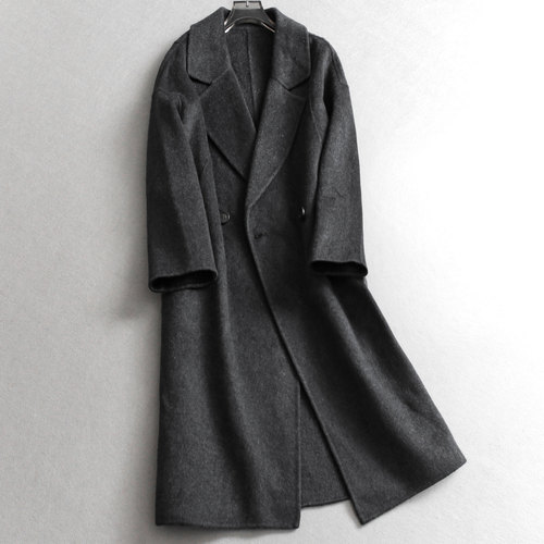 绵羊毛混纺双面呢西装领长款大衣