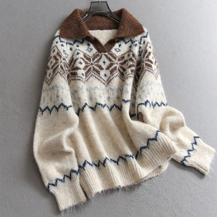 减龄女针织毛衣B147 长袖 费尔岛提花宽松慵懒半开翻领2025秋季 新款