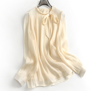 女雪纺衬衫 长袖 J856 新款 柔软亲肤透气串珠圆领蝴蝶结系带2025春季