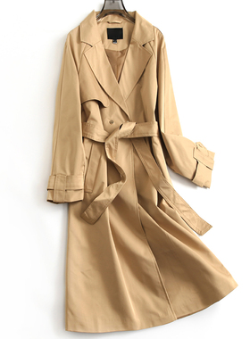 卡其色系带显瘦修身翻领插肩长袖外套2025春季新款女长款风衣K463