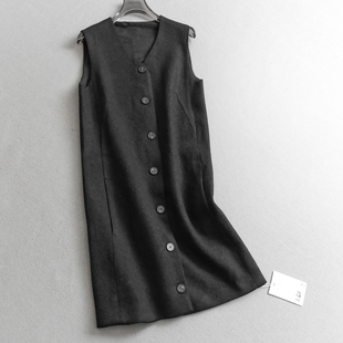 极简纯色V领纽扣式 呢子背心裙外搭迷你裙女裙连衣裙Q743 直筒无袖