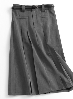 C033学院风灰色西装半身裙女秋季2023新款洋气高腰百褶A字长裙子