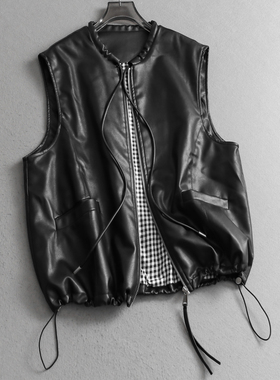 纯色宽松廓形直筒可调节抽绳2025秋新款圆领无袖皮外套女马夹V880