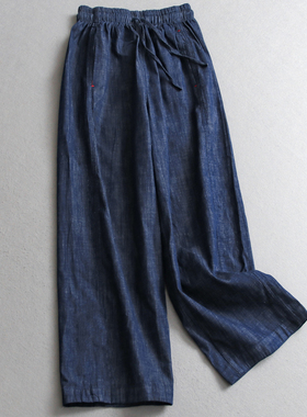 轻薄舒适系带松紧腰宽松直筒裤2025夏季新款阔腿裤女裤牛仔裤C346