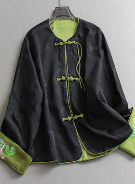 重工刺绣翻边袖口新中式盘扣圆领国风改良唐装长袖通勤女外套N839