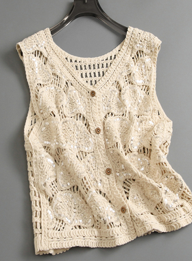 亮片镂空V领宽松外搭背心2025春季新款休闲度假风针织马夹女K982
