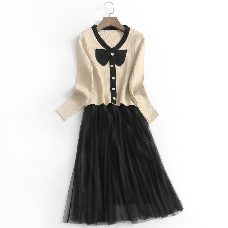 t606撞色拼接显瘦修身蝴蝶结秋冬新款2022长袖韩版淑女裙子连衣裙