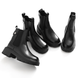 真皮厚底马丁靴女24秋冬新款 英伦风切尔西靴百搭小个子烟筒靴J459