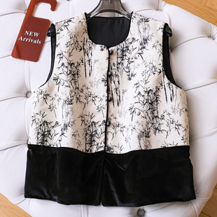 风摇翠竹提花撞色拼接新中式 坎肩外套女马夹Q508 国风圆领加厚无袖