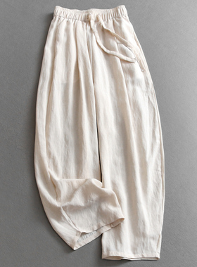 纯色亚麻混纺系带松紧腰宽松阔腿薄款灯笼裤百搭休闲裤女裤C559