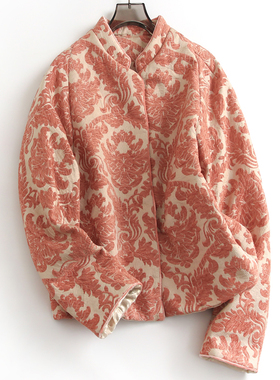 立领宽松提花夹棉加厚复古新中式国风外套冬季长袖女棉衣棉服H227