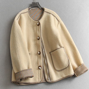 撞色格纹翻边长袖 外套Q601 宽松显瘦圆领加厚保暖仿羊羔毛休闲女装