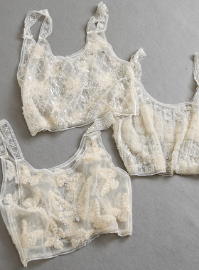 奢感重工钉珠立体花朵圆领抹胸式透视网纱外搭罩衫女吊带背心K798