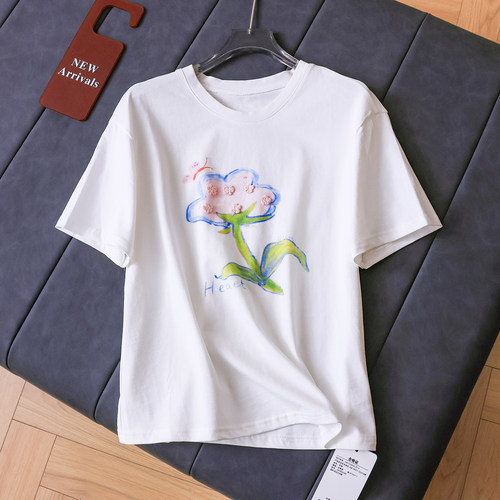 甜美花朵印花遮肚腩宽松T恤女