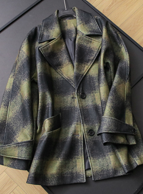 挺括版型西装领撞色格纹宽松中长款大衣25冬季新款长袖女外套B812