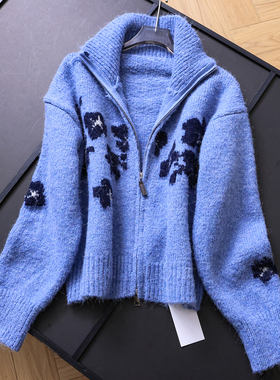 温柔蓝色费尔岛提花宽松显瘦加厚毛衣外套翻领长袖女针织开衫B858