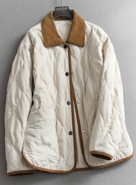 撞色灯芯绒翻领绗缝宽松显瘦中长款保暖外套长袖休闲女羽绒服Q050