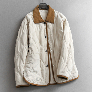 撞色灯芯绒翻领绗缝宽松显瘦中长款 休闲女羽绒服Q050 保暖外套长袖