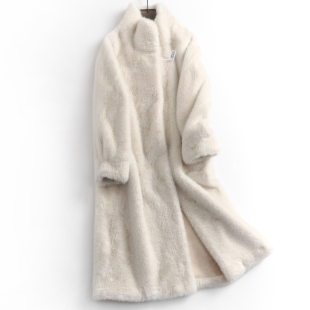 女外套N550 长款 纯色软糯毛绒立领加厚保暖皮毛一体大衣冬新款 长袖