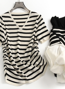 冰感条纹软糯亲肤侧边褶皱显瘦修身V领短袖气质夏季女针织衫S527