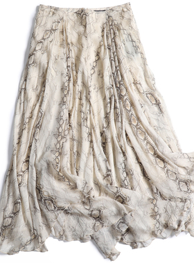 法式度假风蛇纹印花高腰不规则宽摆中长裙雪纺裙女裙半身裙子L008