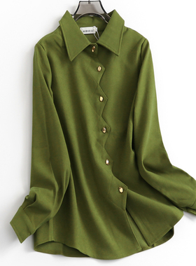 V609绿色复古POLO领长袖衬衫女2023春秋新款港风不规则设计感衬衣