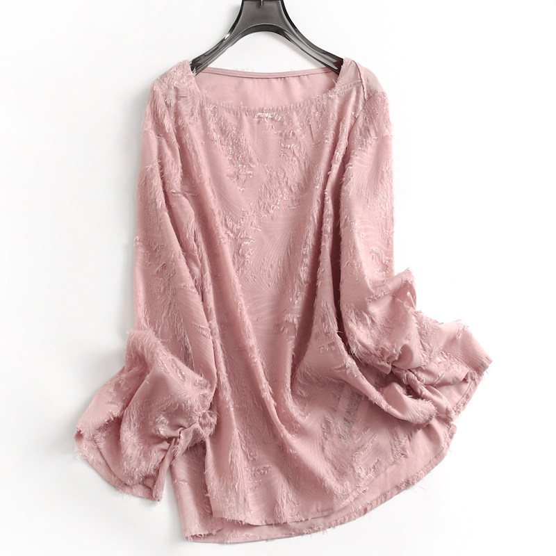 羽毛剪花流苏面料柔软舒适一字领微喇袖甜美温柔风雪纺衬衫女K202
