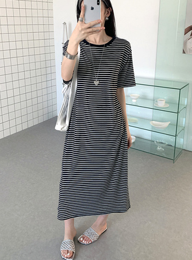 冰感莱赛尔超弹条纹纯色罩杯一体免穿bra家居半袖长裙睡裙女R585