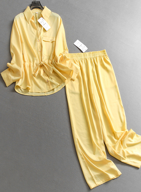纯色抽绳收腰翻领防晒长袖通勤衬衫可配一整套阔腿裤女套装C314