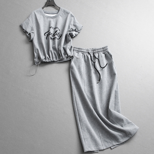 字母宽松显瘦泡泡短袖 Z060 T恤一整套穿搭半身裙女休闲运动套装