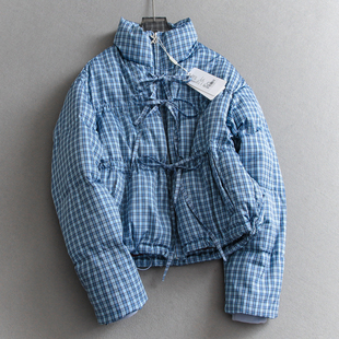 撞色格纹立领蝴蝶结系带门襟宽松显瘦休闲保暖长袖 羽绒服Q278 女装