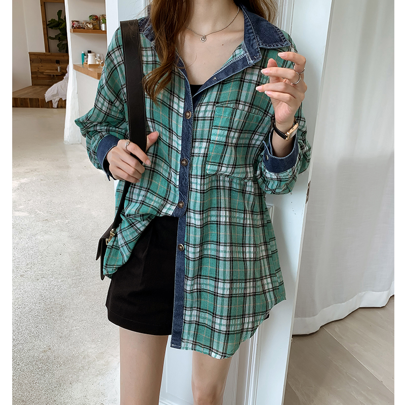 New Retro Hong Kong Style Plaid Shirt women's medium length long sleeve top loose shirt jacket fashion