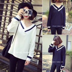 New Korean version of College style relaxed and slim color V-collar long sleeve T-shirt for female students leisure jacket
