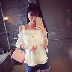 New academy style sweet temperament off shoulder one neck short sleeve suspender chiffon shirt