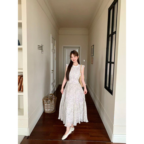 板栗西西【纱绘子小姐2】法式小飞袖连衣裙女夏无袖收腰碎花长裙