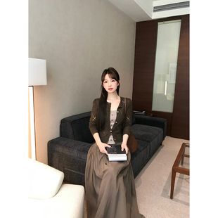 板栗西西【柔风漫语】秋季法式气质针织吊带开衫裙裤套装三件套女