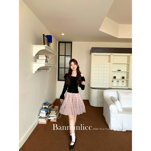板栗西西【花开仲夏】甜美气质粉色波点A字高腰半身裙女显瘦百搭