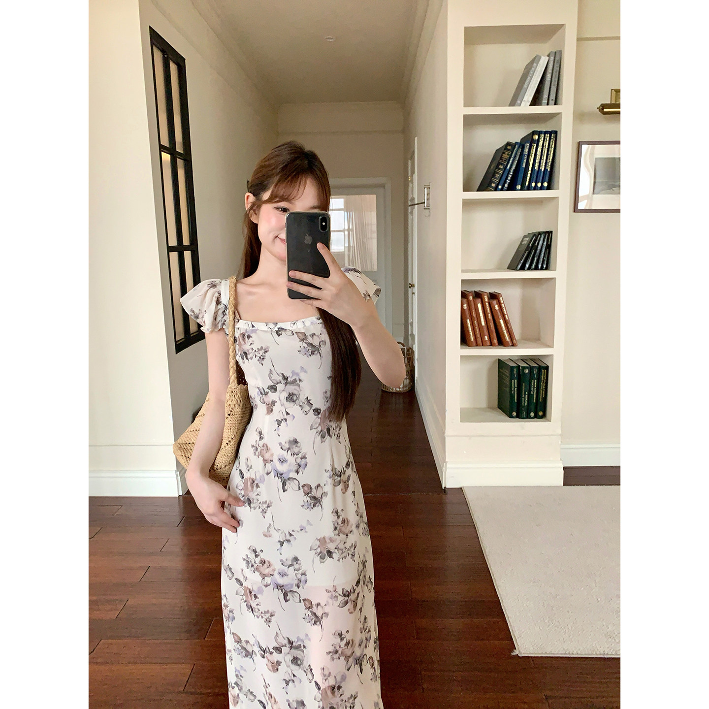 板栗西西【柔光碎影】法式方领小飞袖印花连衣裙女夏收腰气质长裙