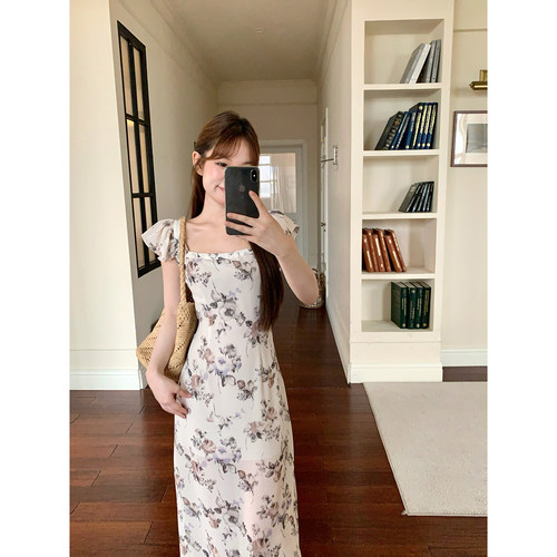 板栗西西【柔光碎影】时尚复古碎花荷叶边长裙A字连衣裙子女
