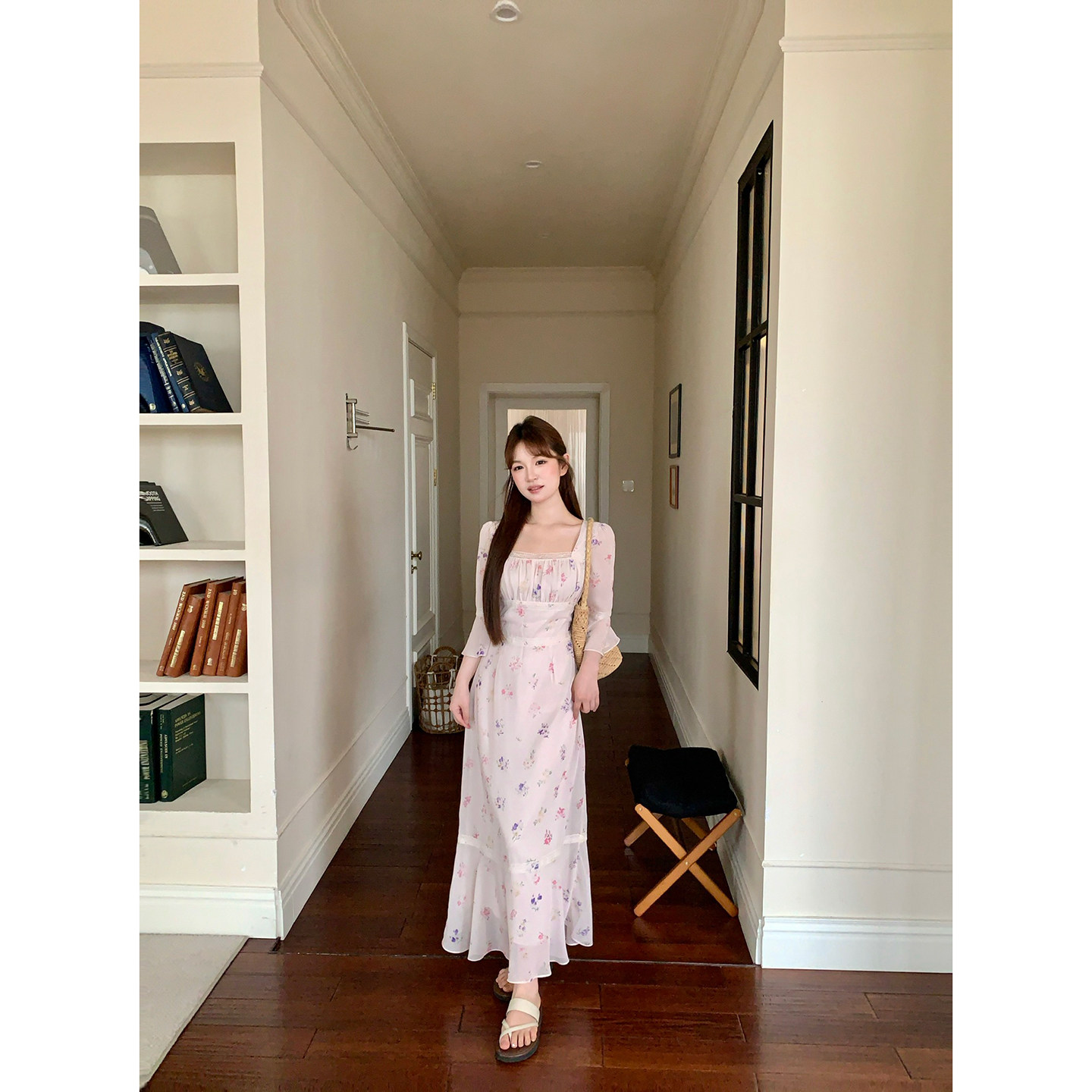 板栗西西【人间秀珠】法式方领七分袖碎花连衣裙子女初夏收腰长裙