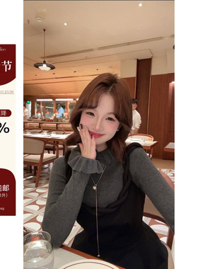 板栗西西秋冬法式气质设计感领口内搭上衣灰色花边领针织毛衣