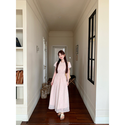 板栗西西【蜜桃诗韵】法式温柔风粉色碎花打揽连衣裙长裙子女夏