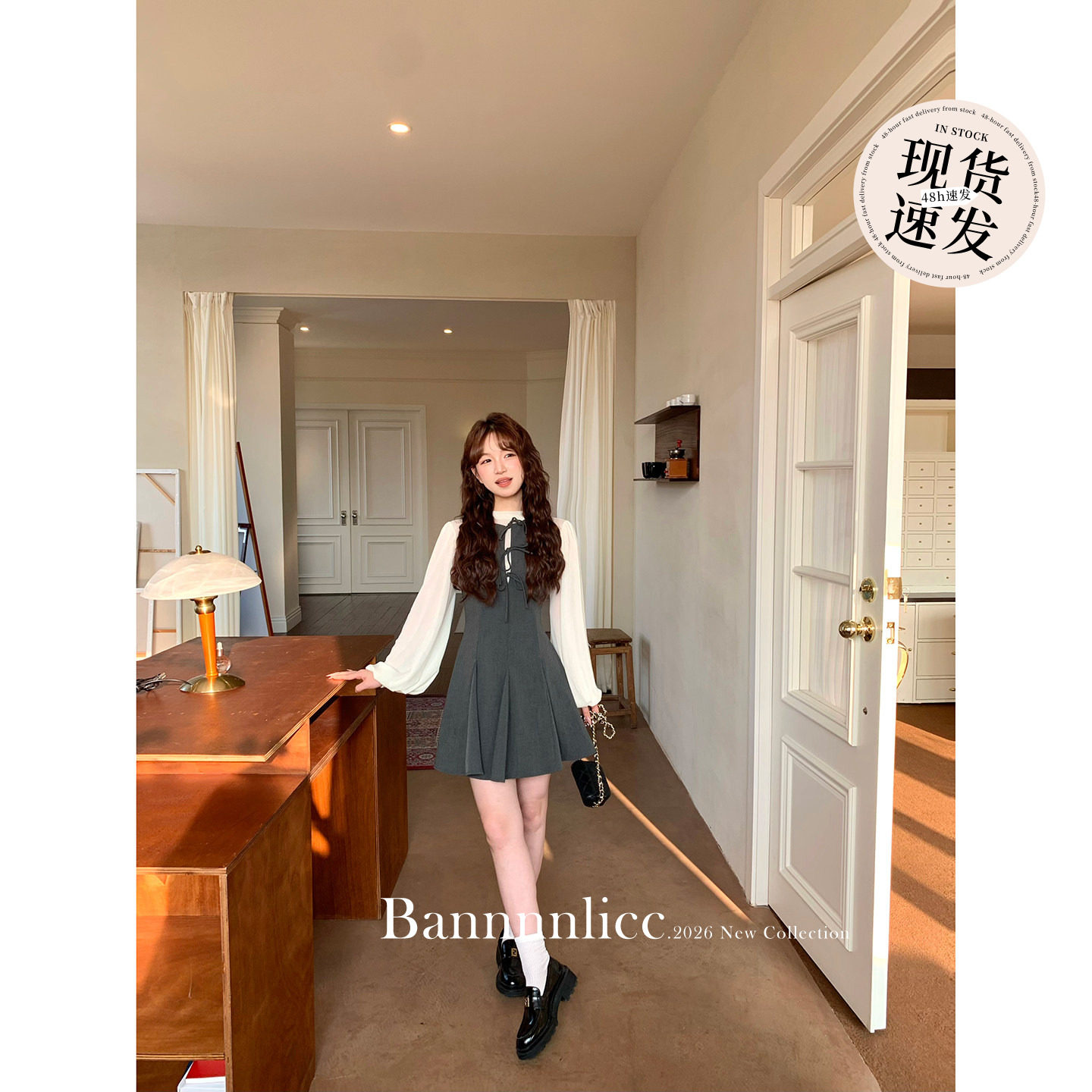 板栗西西【斯嘉丽人】法式赫本短款背带短裙灰色连衣裙子女套装