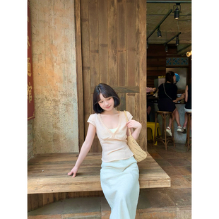 深V领蕾丝花边收腰上衣女夏亚麻短袖 法式 T恤 私服穿搭 板栗西西