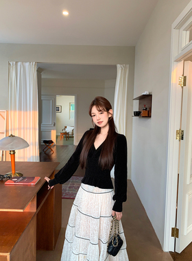 板栗西西【暮光之恋】弹力针织黑色上衣A字半身裙子套装女