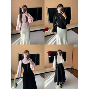 板栗西西法式灯笼袖半高领纯色长袖打底衫女百搭气质修身内搭上衣