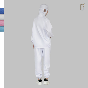 灿盛夏季 现货 白色食品厂工作服分体连帽套装 车间专用透气蓝色长袖