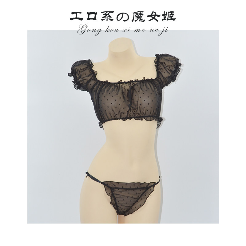 黑色波点蕾丝透视内衣睡袍套装绑带性感诱惑情侣骚cosplay女胖次